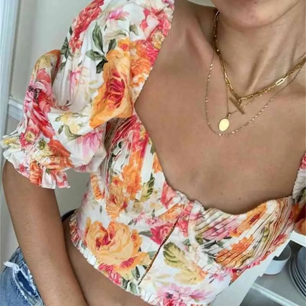 For Love And Lemons Cream Puff Sleeve Crop Top